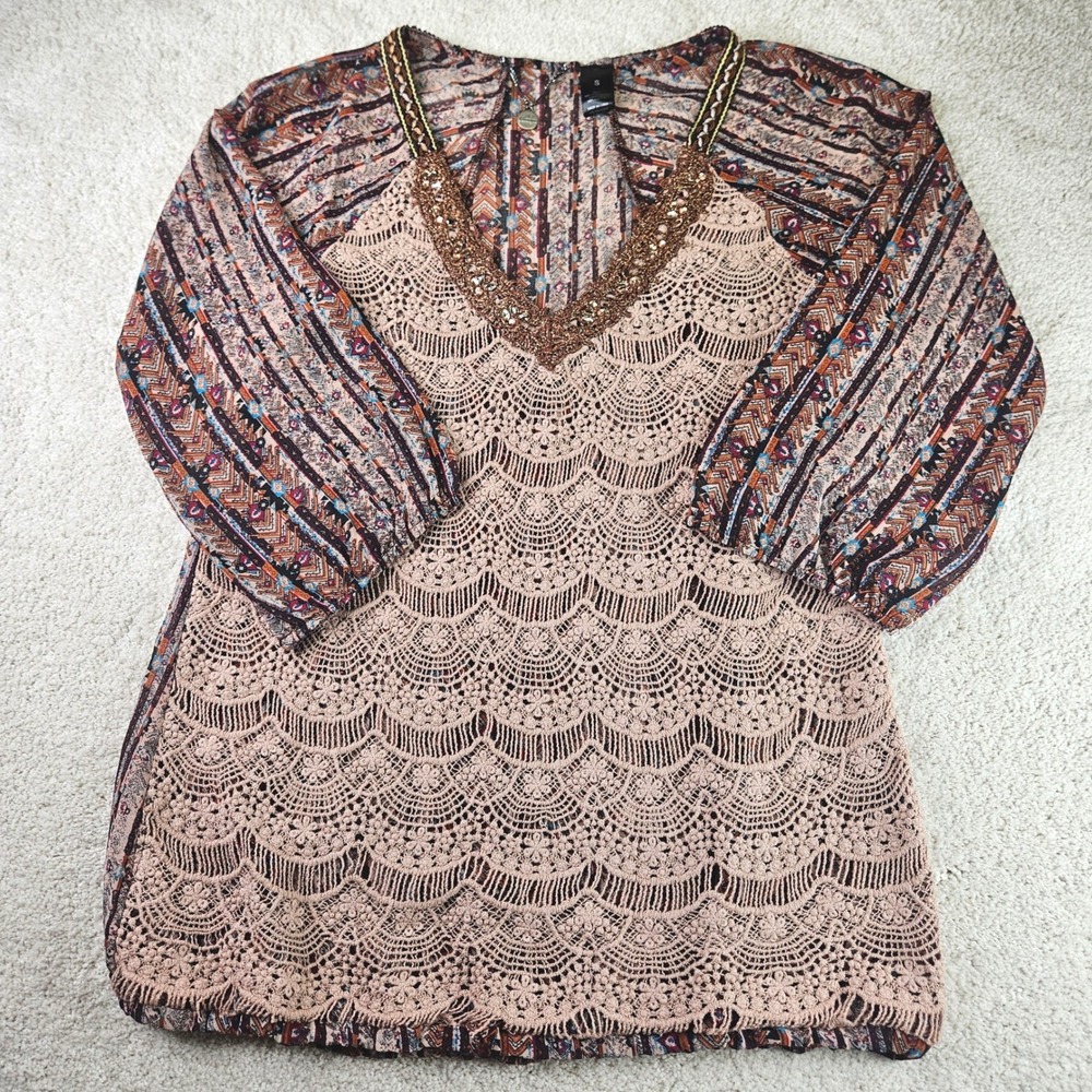 Women's BKE Boutique Top Bohemian Shear Lace Embellished Long Sleeve Size‎ Small